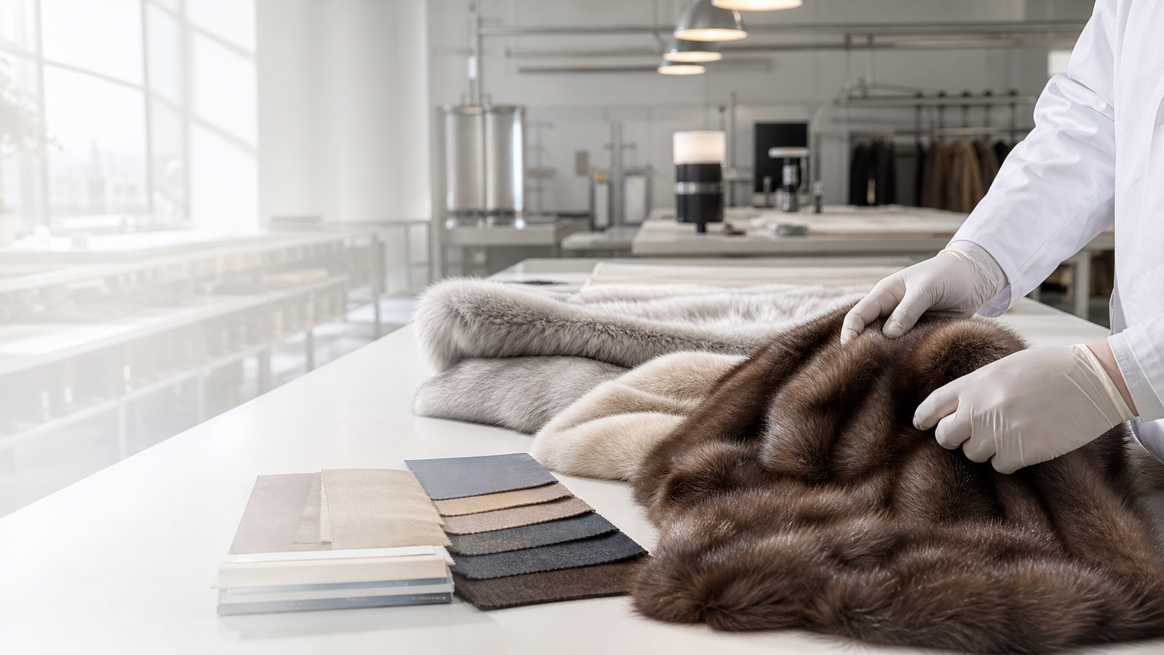 Luxurious finished fur skins in a refined workshop setting